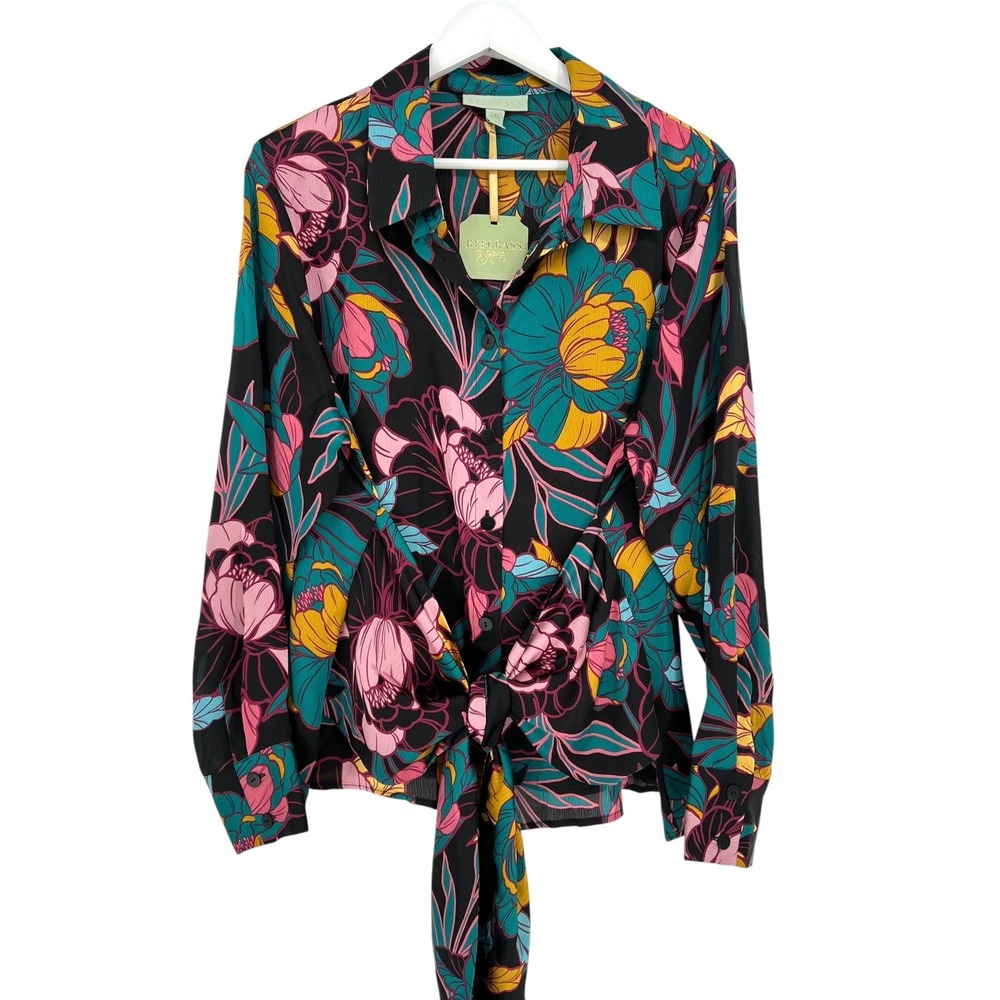 Ryegrass Blouse Womens XXL Black Floral Front Tie Button Up Maximalist Tropical